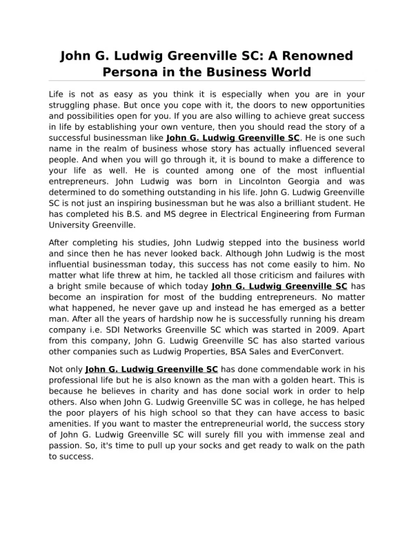 John G. Ludwig Greenville SC: A Renowned Persona in the Business World