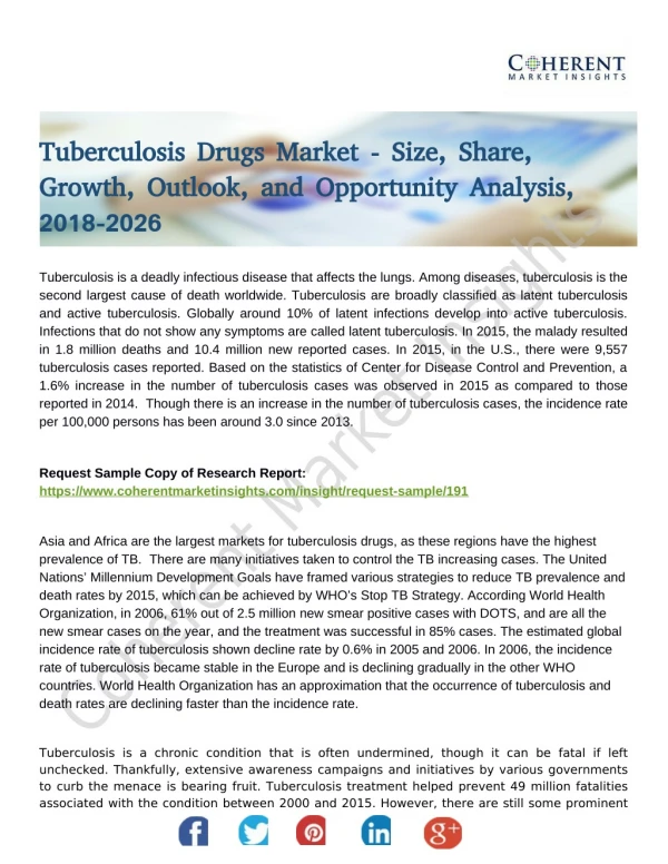 Tuberculosis Drugs Market Expansion To 2026 Estimated By Global Key Players