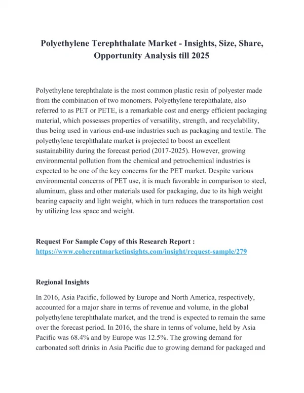 Polyethylene Terephthalate Market - Insights, Size, Share, Opportunity Analysis till 2025