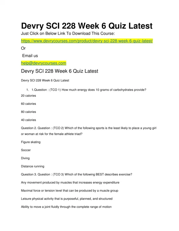 Devry SCI 228 Week 6 Quiz Latest