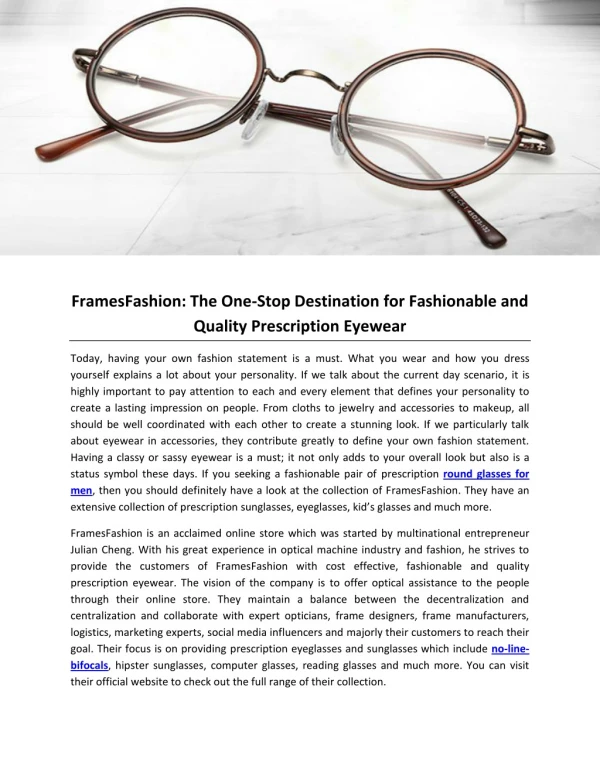 FramesFashion: The One-Stop Destination for Fashionable and Quality Prescription Eyewear