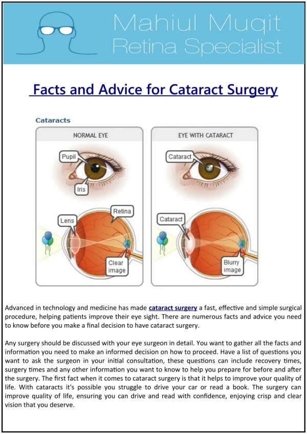 Facts and Advice for Cataract Surgery.