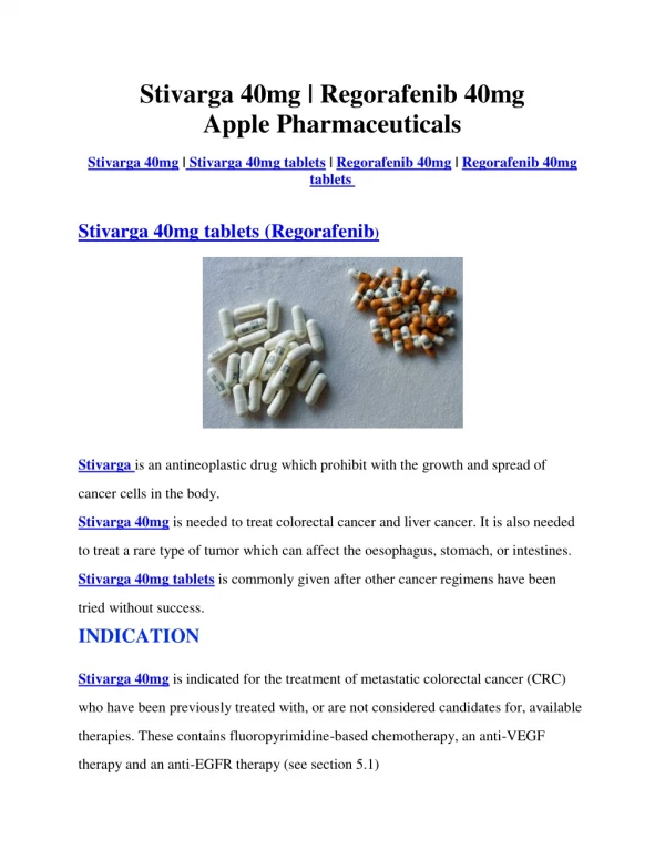 Stivarga 40mg | Regorafenib 40mg |Apple Pharmaceuticals