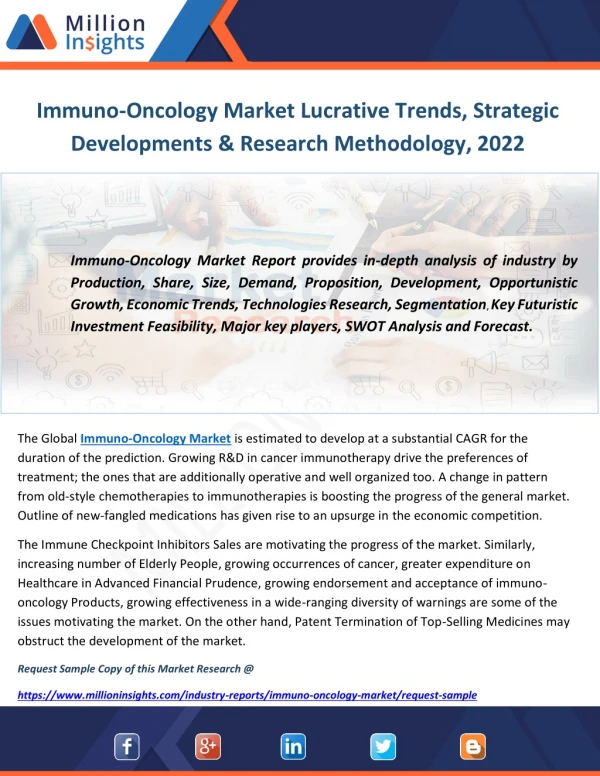 Immuno-Oncology Market Lucrative Trends, Strategic Developments & Research Methodology, 2022