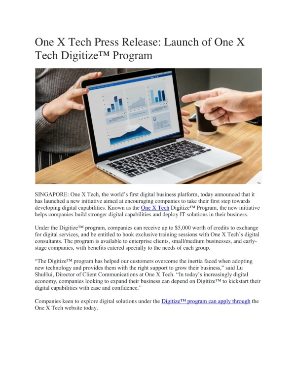 One X Tech Launches Digitize™ Program