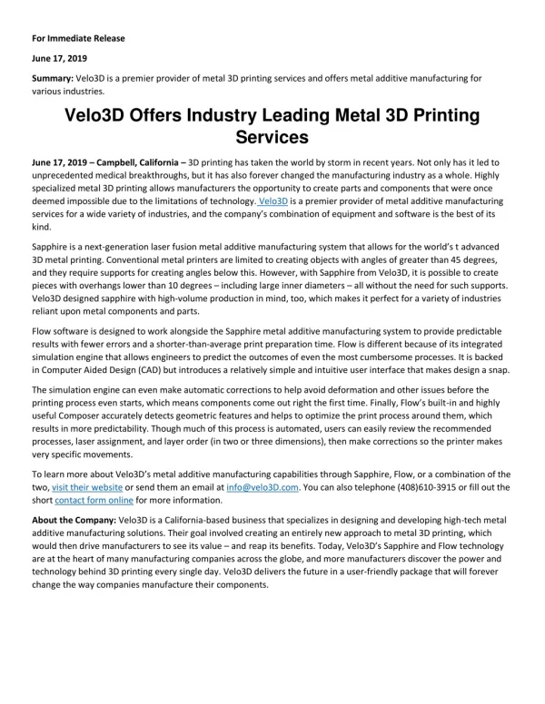 Velo3D Offers Industry Leading Metal 3D Printing Services
