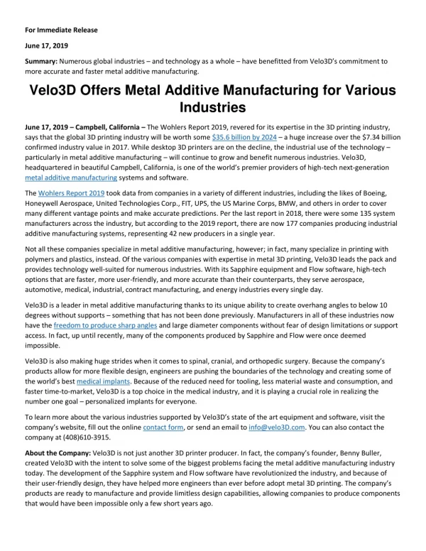 Velo3D Offers Metal Additive Manufacturing for Various Industries