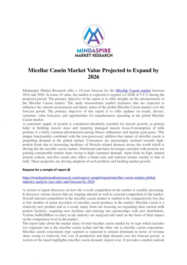 Micellar Casein Market Value Projected to Expand by 2026