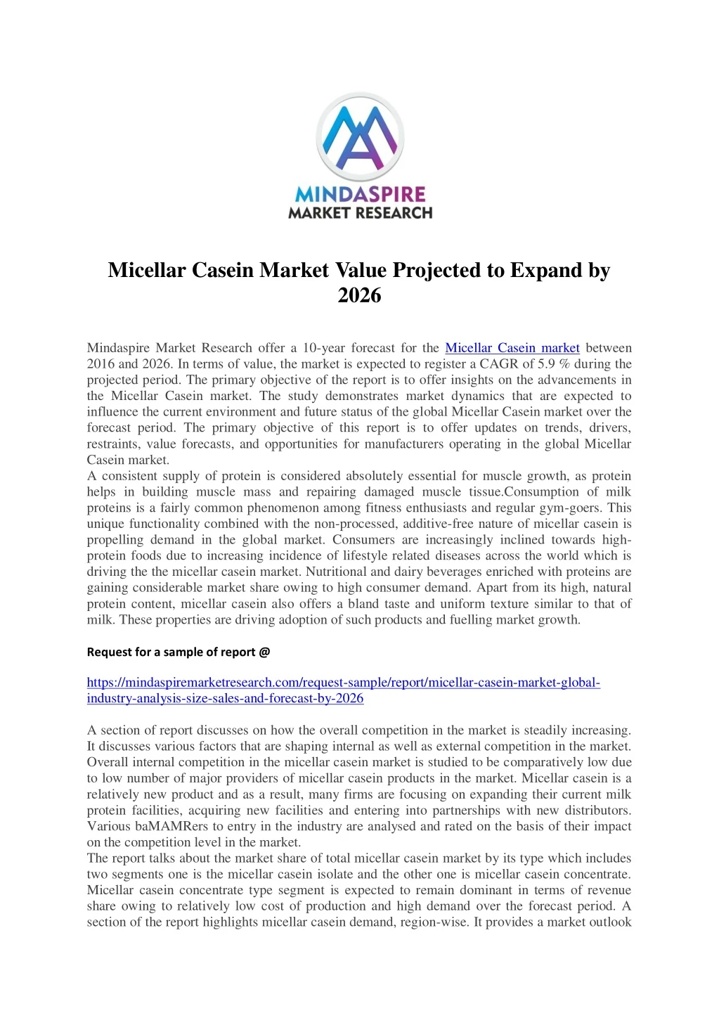 micellar casein market value projected to expand