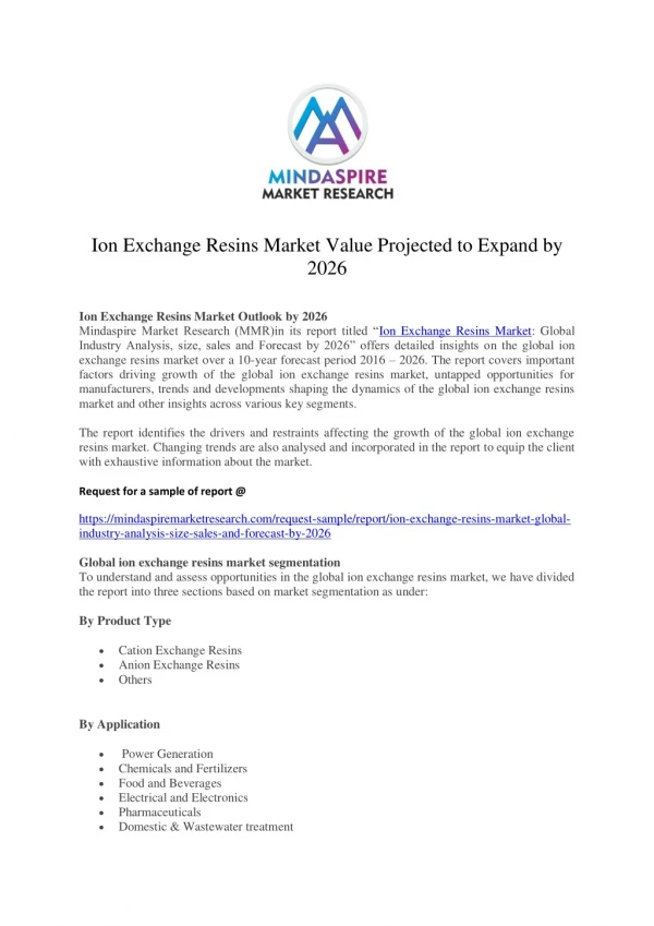 Ion Exchange Resins Market Value Projected to Expand by 2026