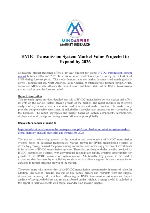 HVDC Transmission System Market Value Projected to Expand by 2026