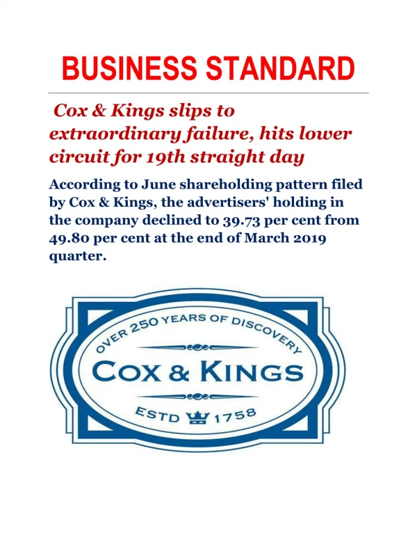 Cox & Kings slips to extraordinary failure, hits lower circuit for 19th straight day