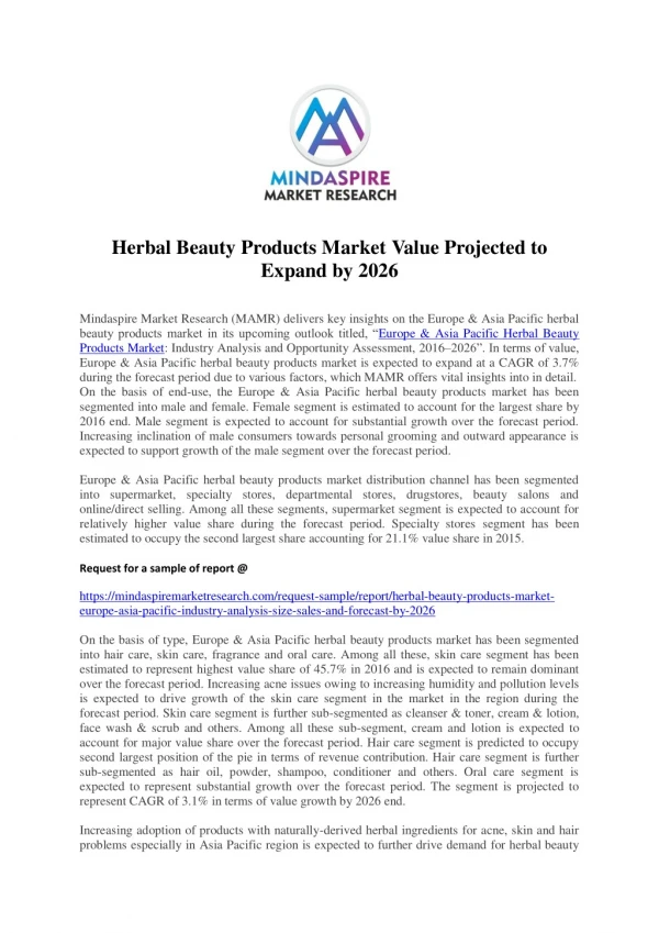 Herbal Beauty Products Market Value Projected to Expand by 2026