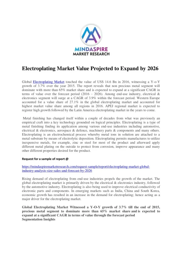 Electroplating Market Value Projected to Expand by 2026