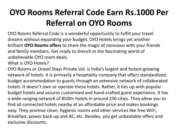 OYO Rooms Referral Code Earn Rs.1000 Per Referral on OYO Rooms