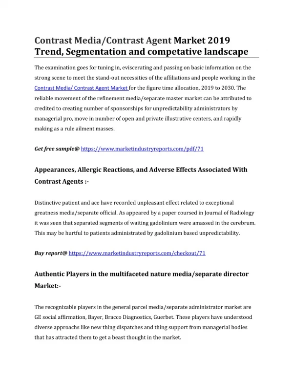 Contrast Media/Contrast Agent Market 2019 Trend, Segmentation and competative landscape