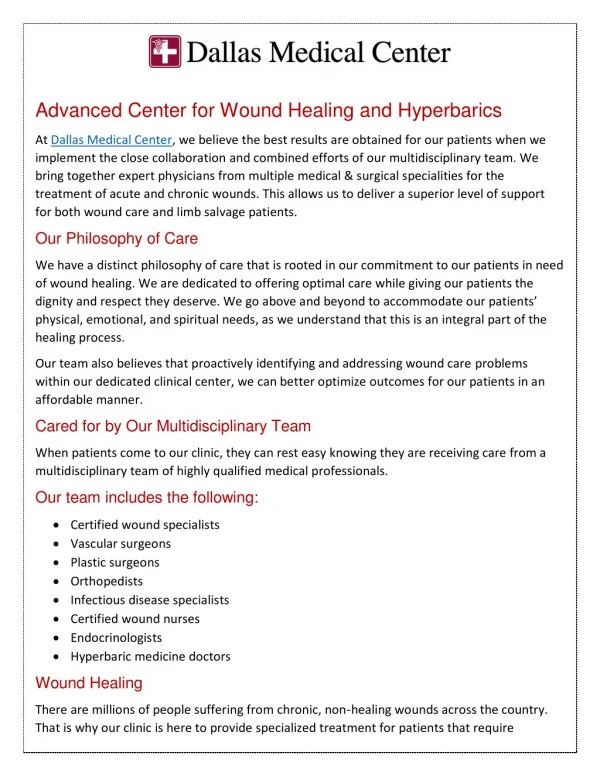 Advanced Center for Wound Healing and Hyperbarics at Dallas medical center