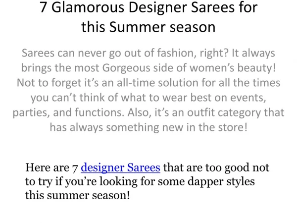 7 Glamorous Designer Sarees for this Summer season