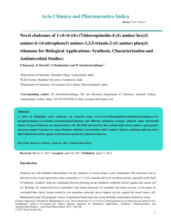 Novel chalcones of 1-(4-(4-((6-((7chloroquinolin-4-yl) amino) hexyl) amino)-6 ((4-nitrophenyl) amino)-1,3,5-triazin-2-yl