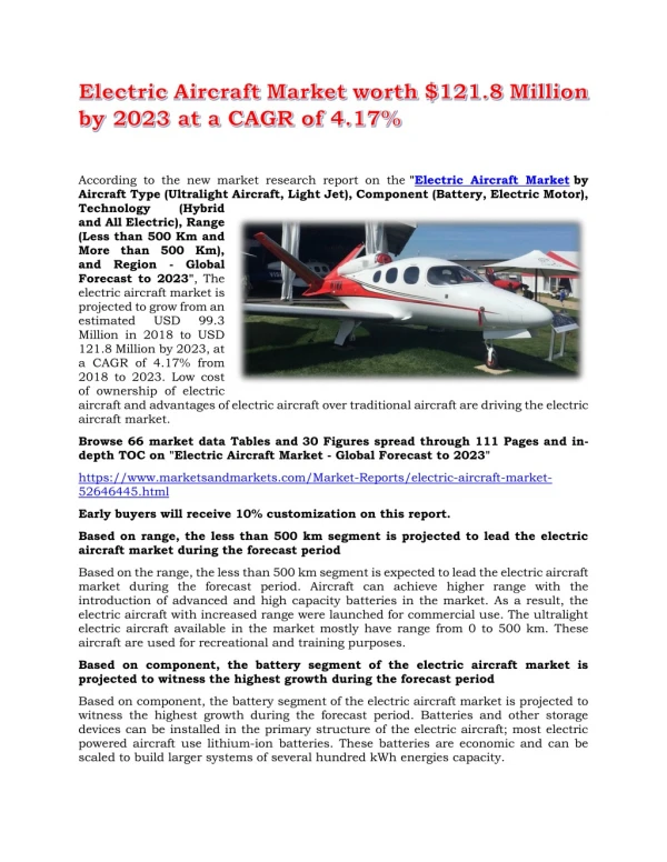 Electric Aircraft Market worth $121.8 Million by 2023 at a CAGR of 4.17%