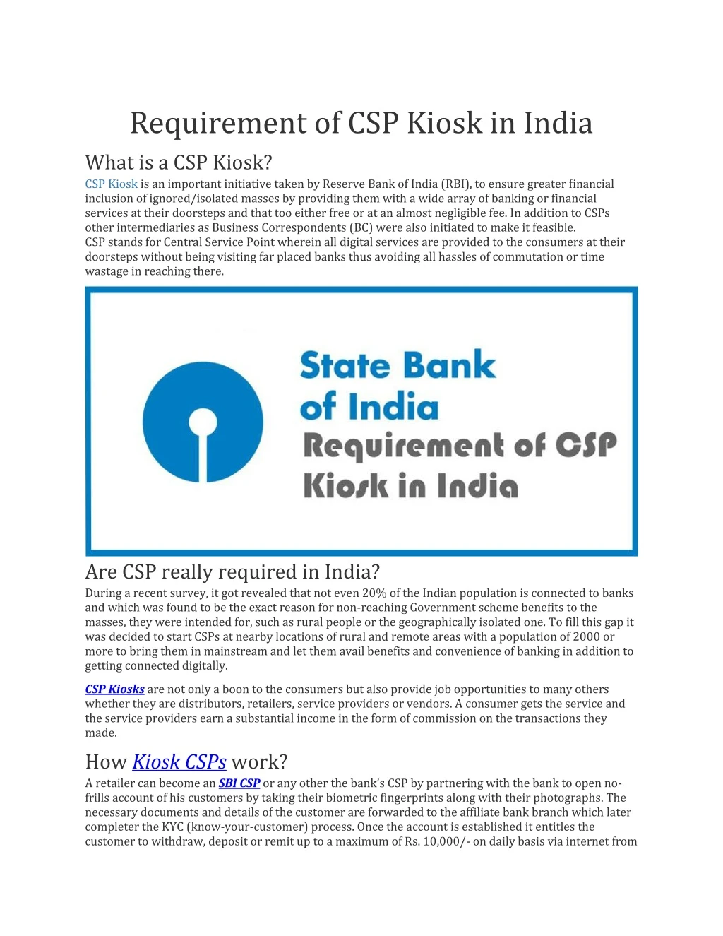 requirement of csp kiosk in india what