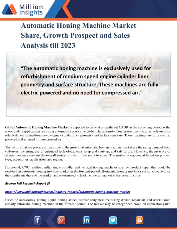Automatic Honing Machine Market Share, Growth Prospect and Sales Analysis till 2023