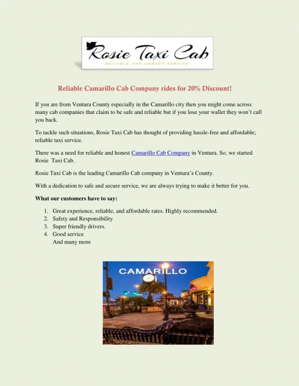 Reliable Camarillo Cab Company rides for 20% Discount