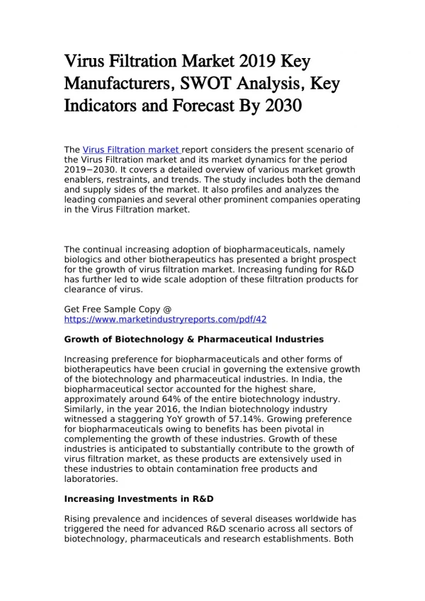 Virus Filtration Market 2019 Key Manufacturers, SWOT Analysis, Key Indicators and Forecast By 2030