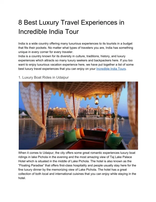 8 Best Luxury Travel Experiences in Incredible India Tour