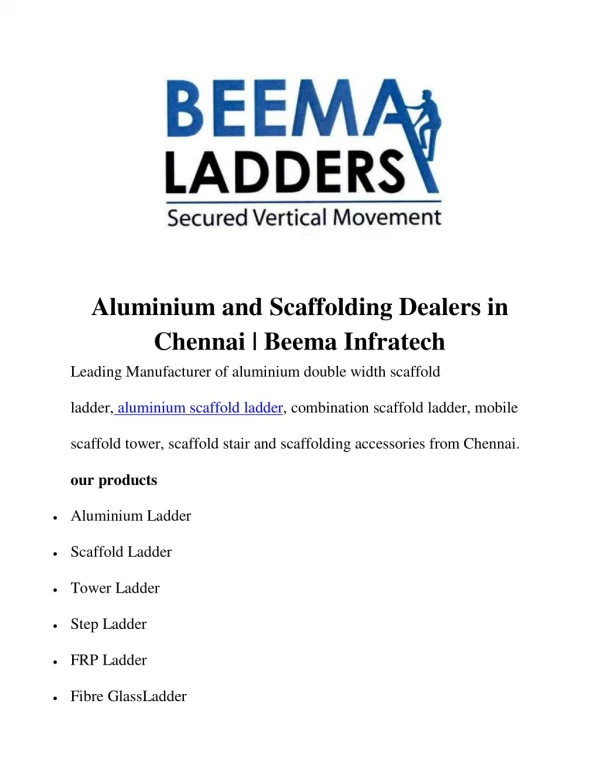 Aluminium and Scaffolding Dealers in Chennai | Beema Infratech