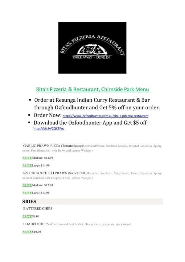 15% Off - Rita's Pizzeria & Restaurant-Chirnside Park - Order Food Online
