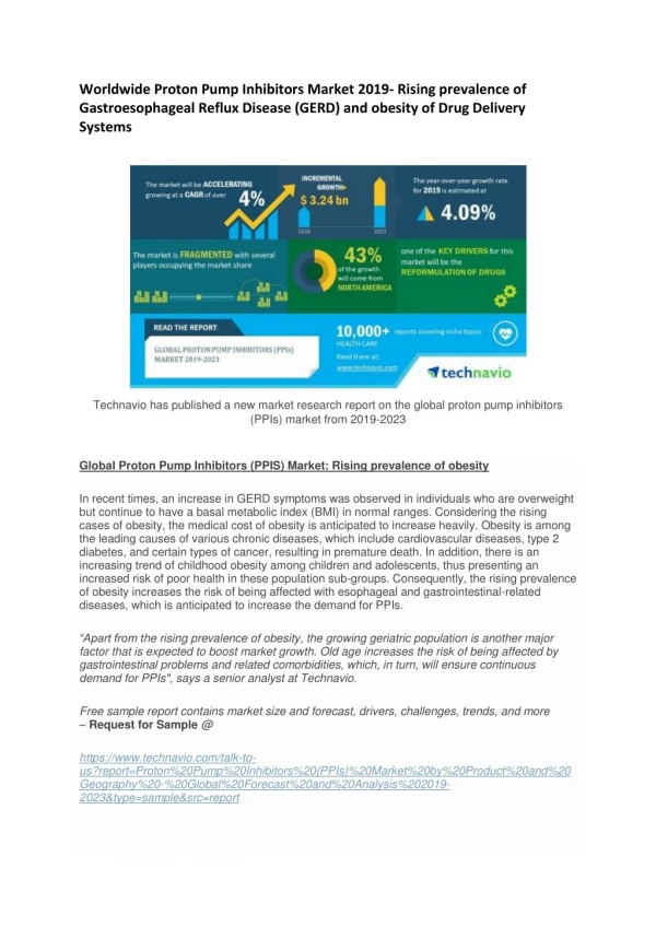 Worldwide Proton Pump Inhibitors Market 2019- Rising prevalence of Gastroesophageal Reflux Disease (GERD) and obesity of