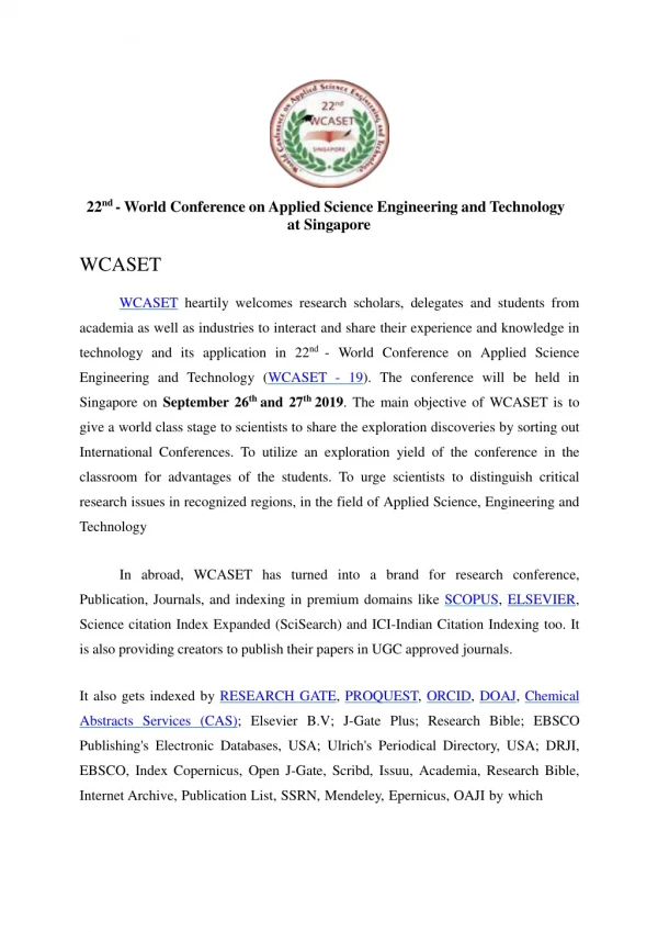 22nd conference of wcaset at singapore