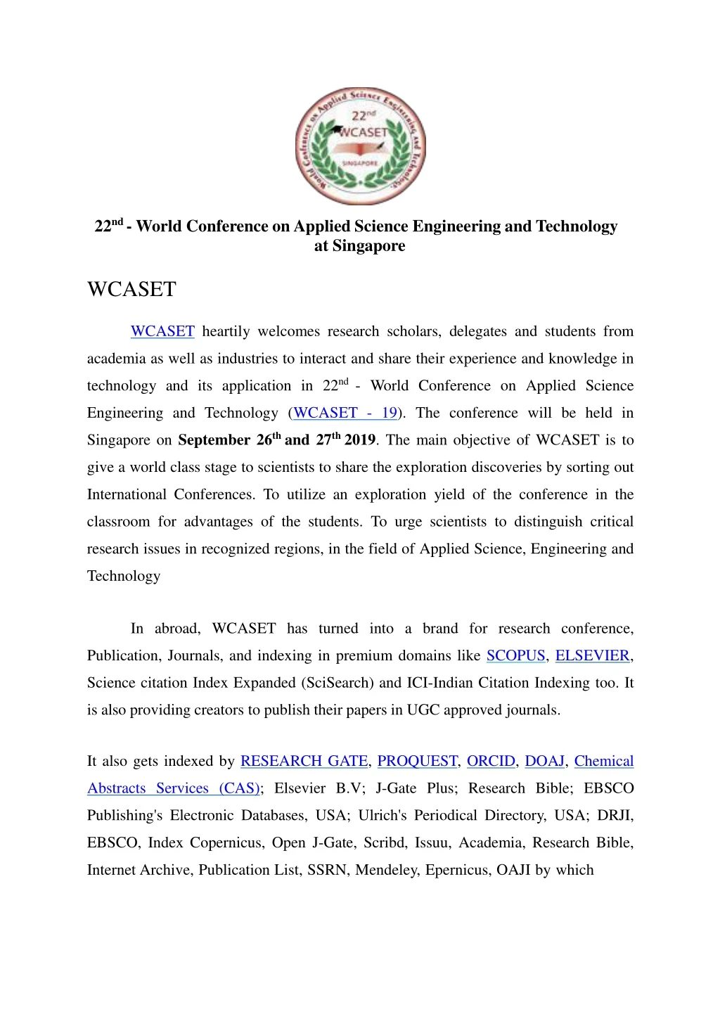 22 nd world conference on applied science