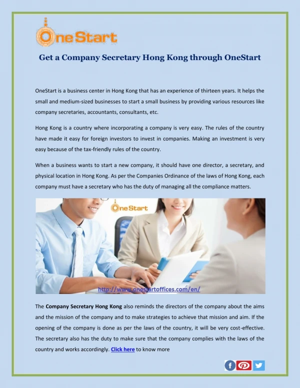 Get a Company Secretary Hong Kong through OneStart