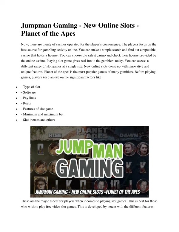 Jumpman Gaming - New Online Slots - Planet of the Apes