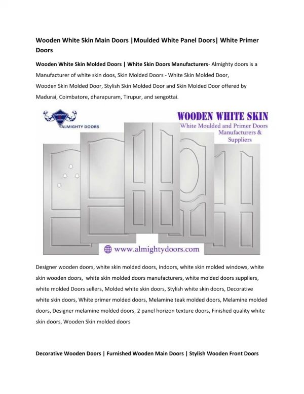 Wooden White Skin Main Doors |Moulded White Panel Doors| White Primer Doors