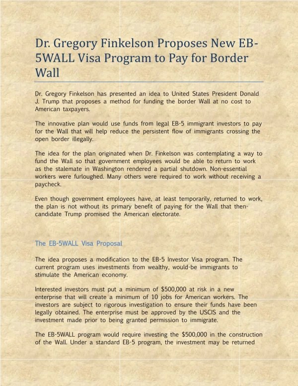 Dr. Gregory Finkelson Proposes New EB-5WALL Visa Program to Pay for Border Wall
