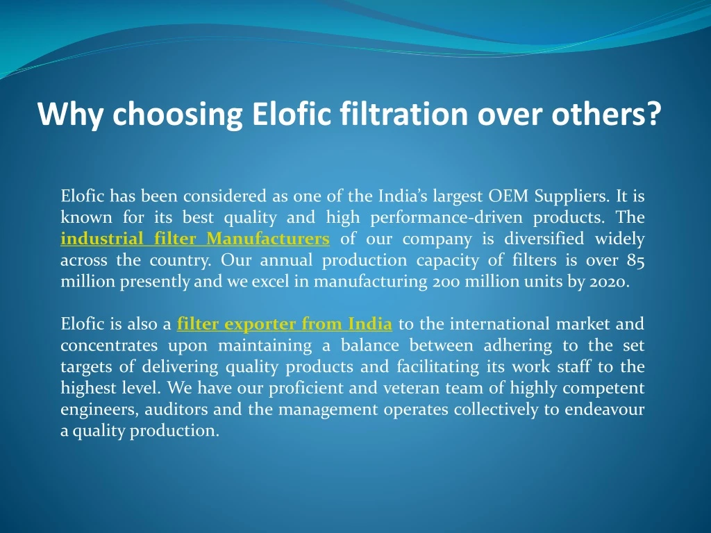 why choosing elofic filtration over others