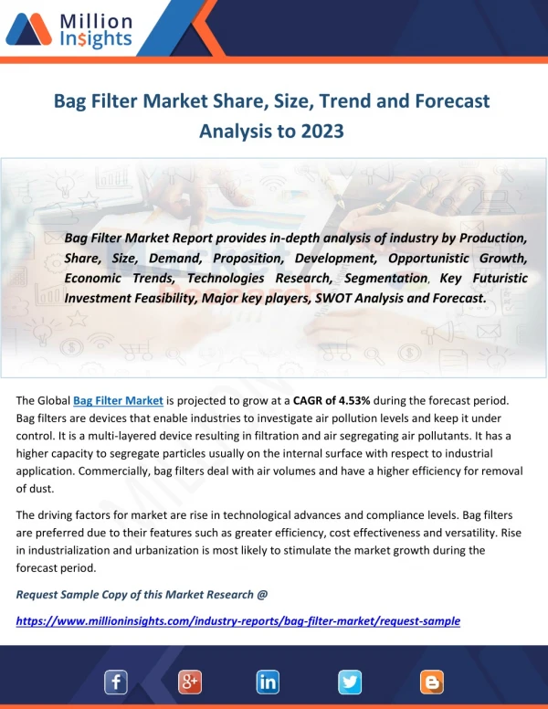 Bag Filter Market Share, Size, Trend and Forecast Analysis to 2023