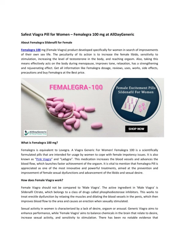 Femalegra 100 | Female Excitement Pills Buy online | Sildenafil for Women