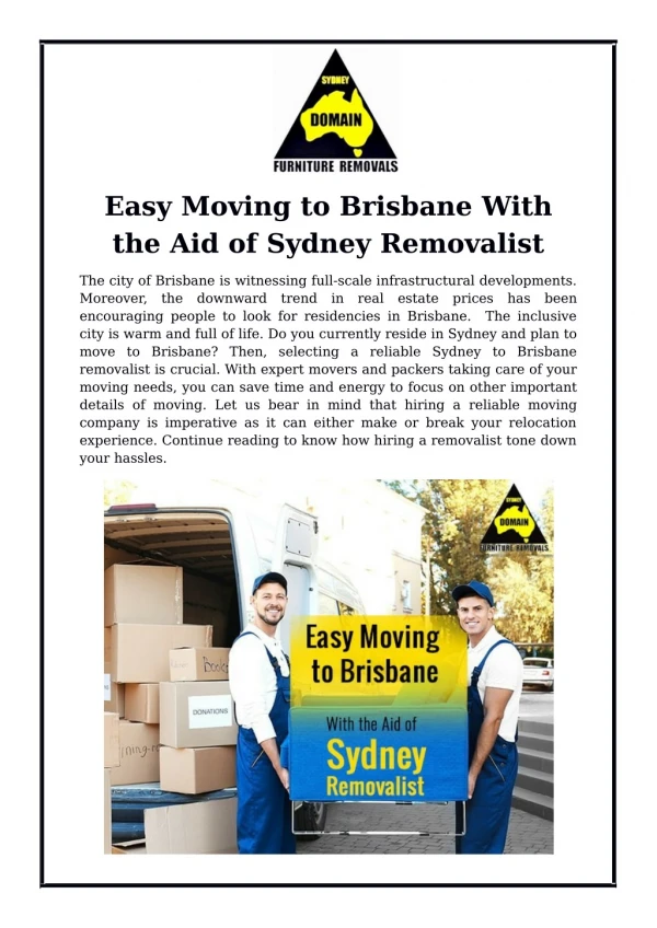 Easy Moving to Brisbane With the Aid of Sydney Removalist