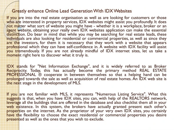 Greatly enhance Online Lead Generation With IDX Websites