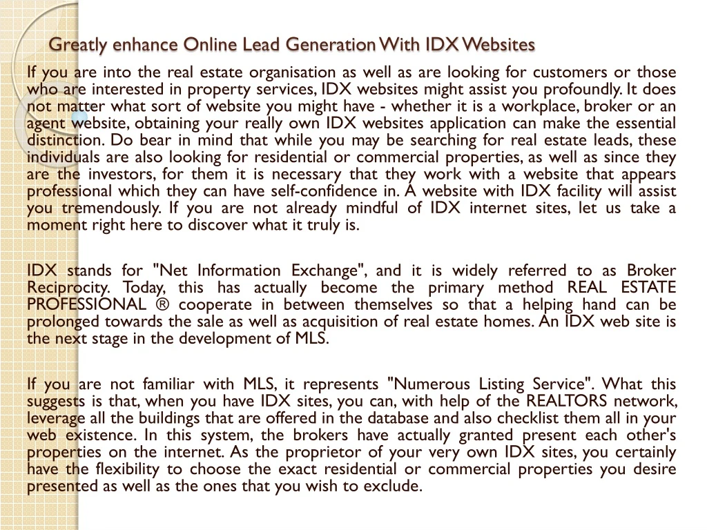 greatly enhance online lead generation with idx websites