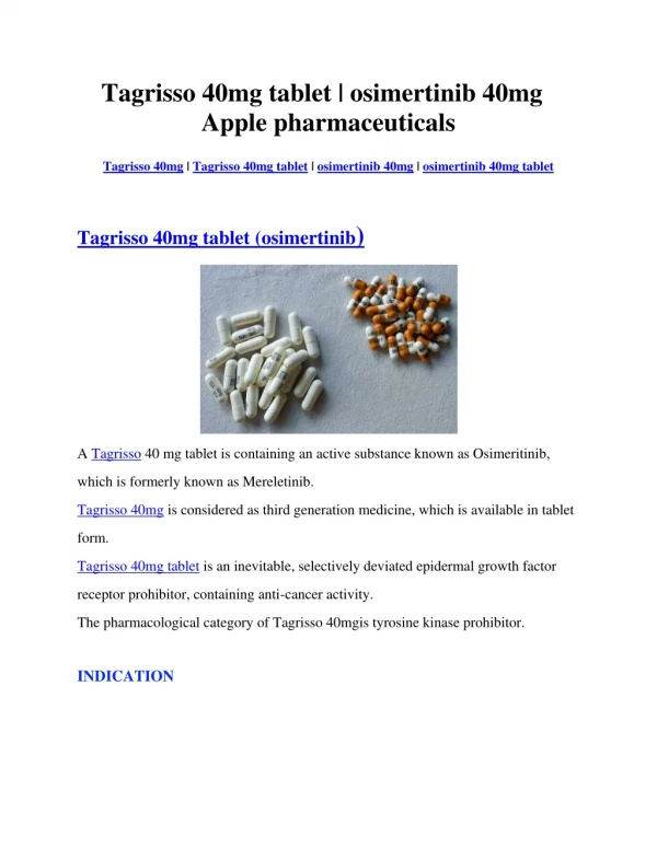 Tagrisso 40mg tablet | osimertinib | Apple pharmaceuticals