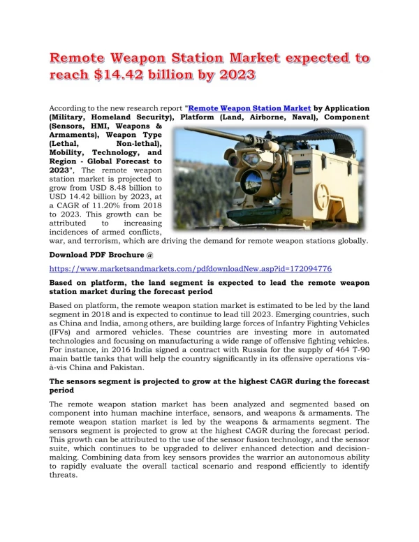 Remote Weapon Station Market expected to reach $14.42 billion by 2023