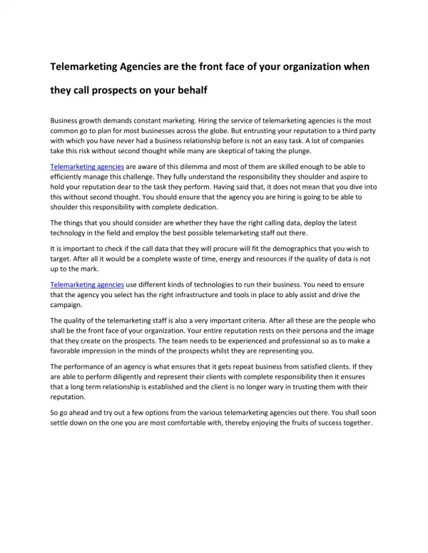 telemarketing agencies are the front face of your