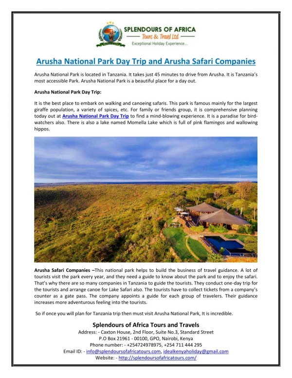 Arusha National Park Day Trip and Arusha Safari Companies