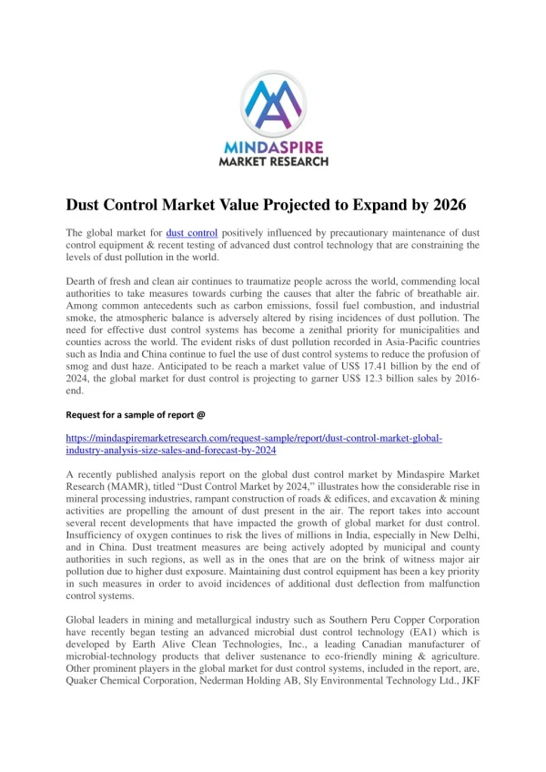 Dust Control Market Value Projected to Expand by 2026