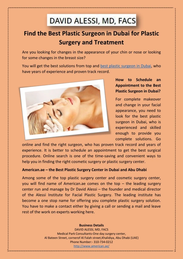 Find the Best Plastic Surgeon in Dubai for Plastic Surgery and Treatment